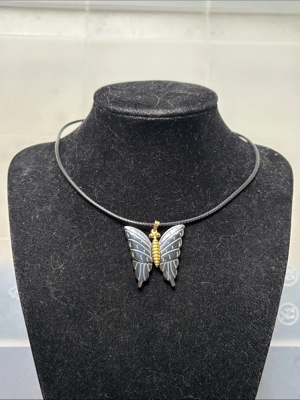 ⚫️Brand New Hematite Carved Butterfly Pendant, Black & Gold